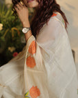 OFF WHITE SILK BY COTTON CHANDERI HAND PAINTED SAREE