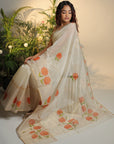 OFF WHITE SILK BY COTTON CHANDERI HAND PAINTED SAREE