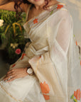 OFF WHITE SILK BY COTTON CHANDERI HAND PAINTED SAREE