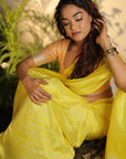 YELLOW MULBERRY HAND BLOCK TIE AND DYE SAREE