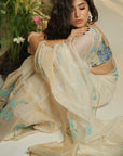 OFF WHITE SILK BY COTTON CHANDERI HAND PAINTED SAREE