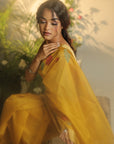 MUSTARD SILK BY COTTON CHANDERI HAND PAINTED SAREE