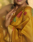 MUSTARD SILK BY COTTON CHANDERI HAND PAINTED SAREE