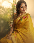 MUSTARD SILK BY COTTON CHANDERI HAND PAINTED SAREE