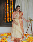 CREAM CHANDERI ORGANZA KATAN SAREE