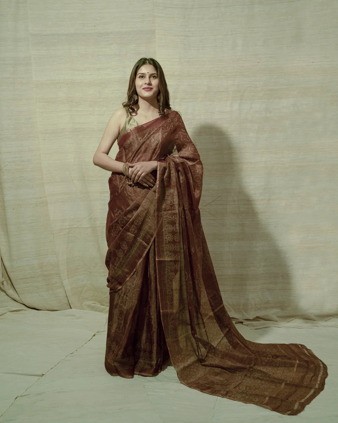 red handblock print saree in tissue silk