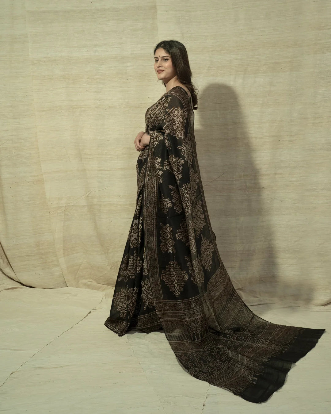 black handblock print saree in linen silk