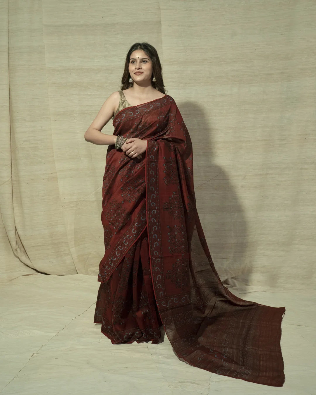 maroon handblock print saree in linen silk