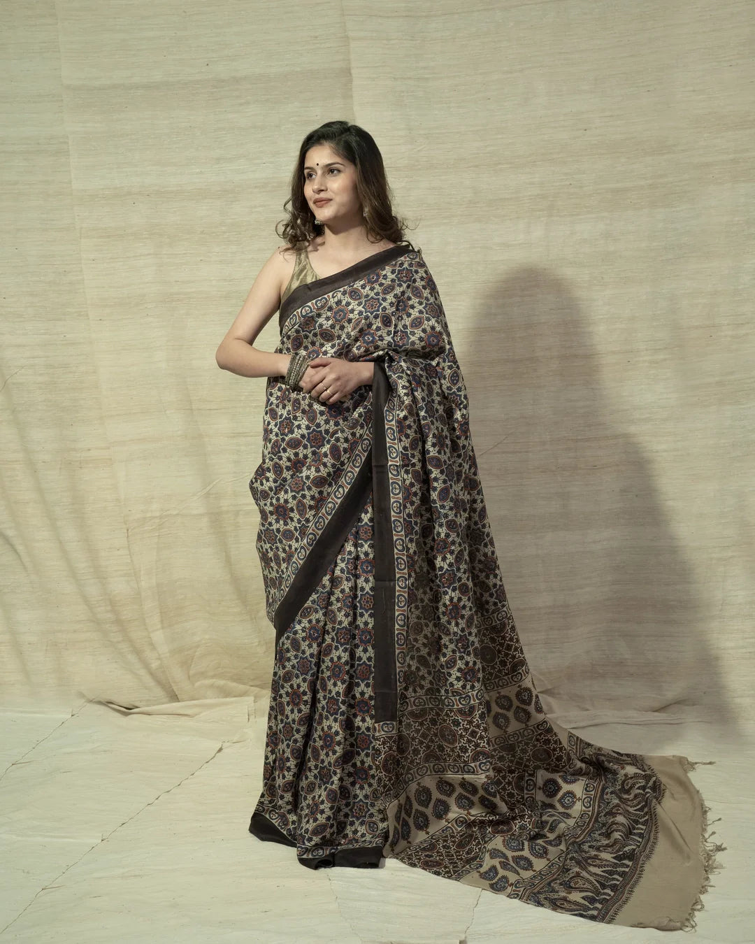 beige handblock print saree in mulberry silk