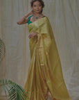 yellow tissue silk saree in gold zari