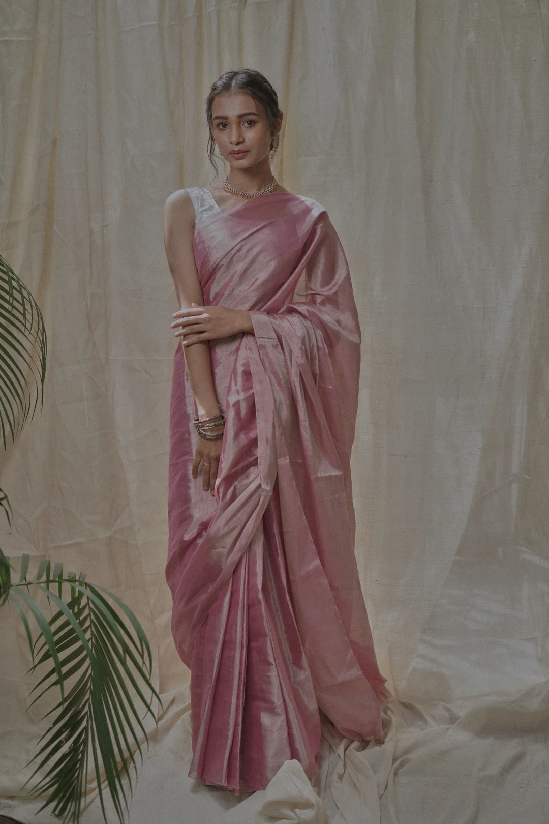 charm pink tissue silk with silver zari