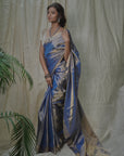 blue tissue silk saree in gold zari