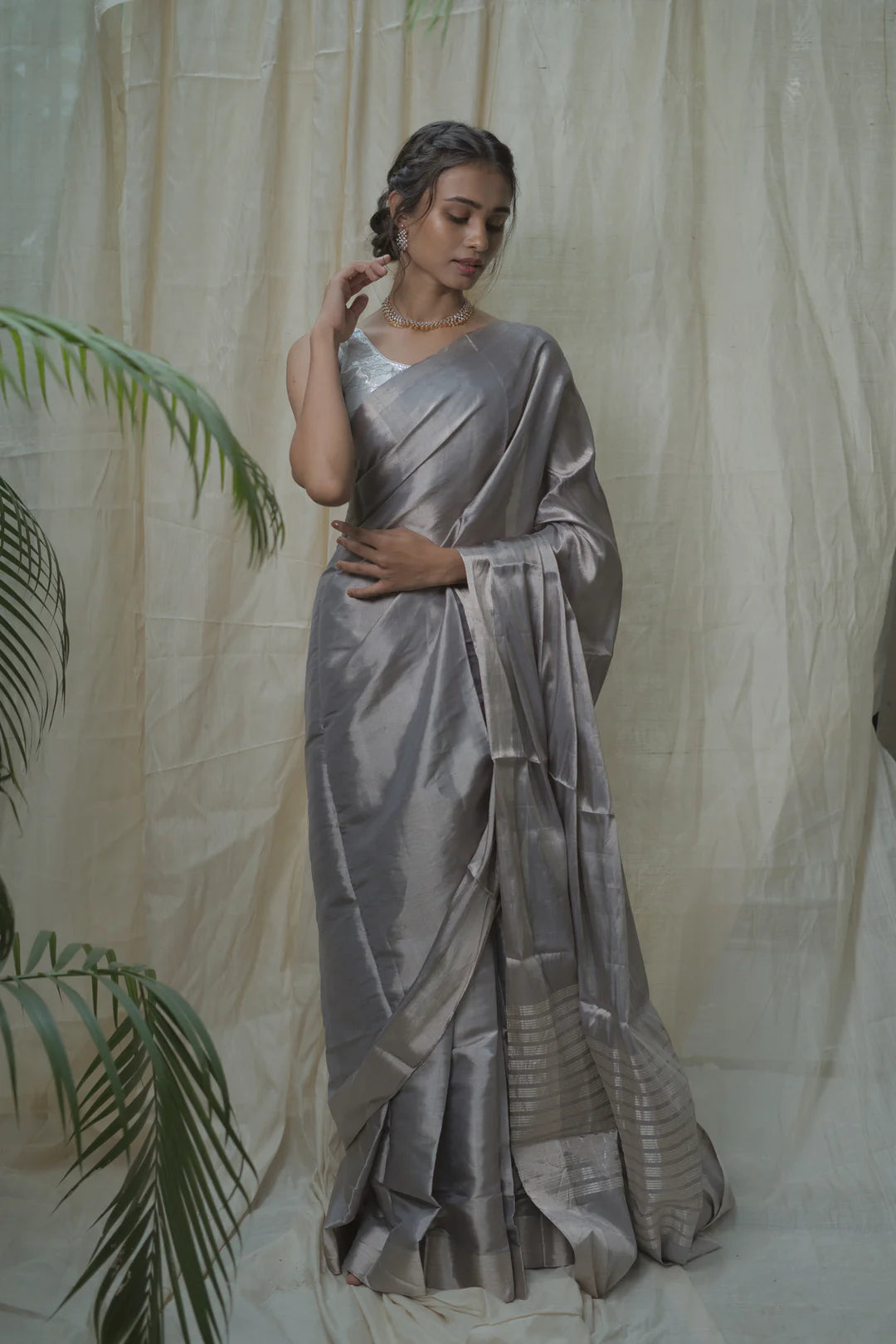 gray tissue silk saree in silver zari