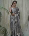 gray tissue silk saree in silver zari