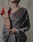 CHARCOAL GRAY  TISSUE SILK SAREE IN SILVER ZARI