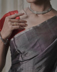 charcoal gray tissue silk saree in silver zari