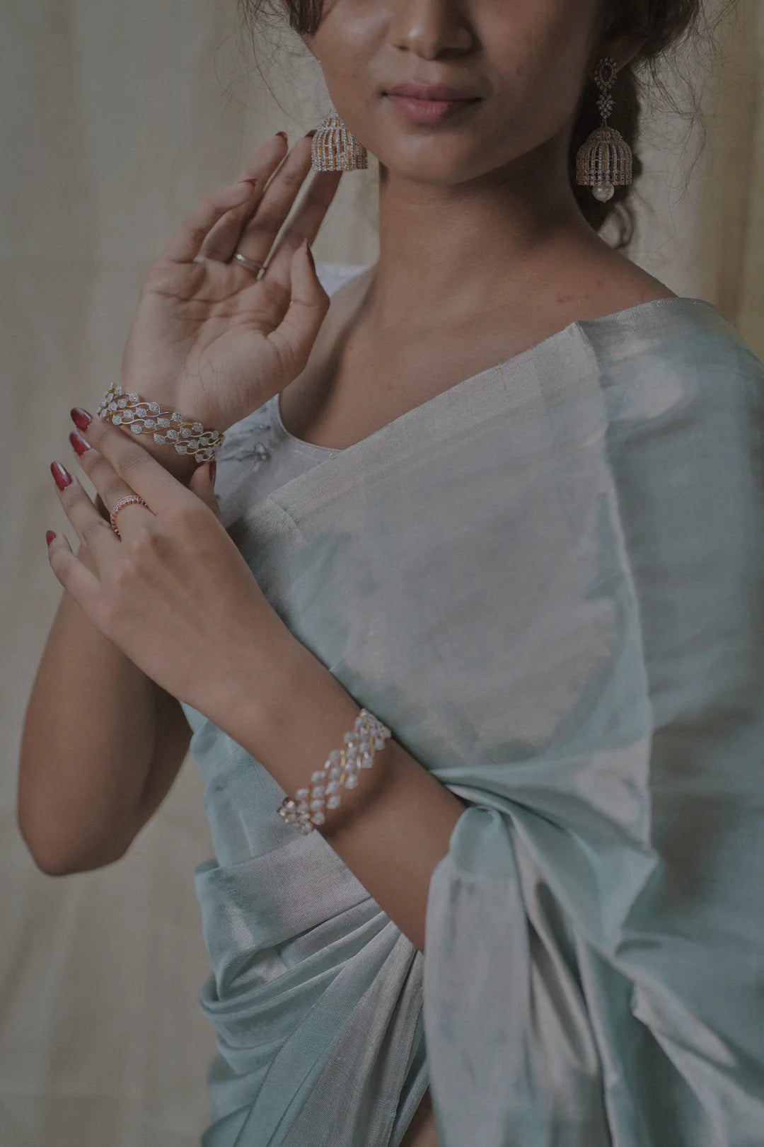 aqua blue tissue silk saree in silver zari