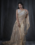 beige tissue saree with gold zari