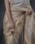 BEIGE TISSUE SAREE WITH GOLD ZARI