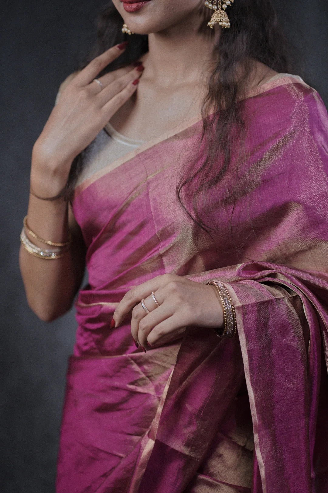 magenta tissue silk saree in gold zari