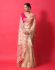 GOLDEN TISSUE  SILK SAREE WITH RED AND PINK RESHAM HEARTS