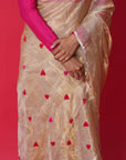 GOLDEN TISSUE  SILK SAREE WITH RED AND PINK RESHAM HEARTS