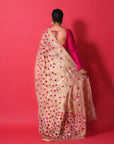 GOLDEN TISSUE  SILK SAREE WITH RED AND PINK RESHAM HEARTS