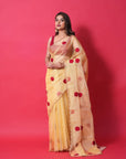 YELLOW ORGANZA SILK SAREE WITH RED RESHAM ROSES