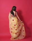 YELLOW ORGANZA SILK SAREE WITH RED RESHAM ROSES