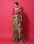 golden bronze tissue silk saree with silver zari hearts