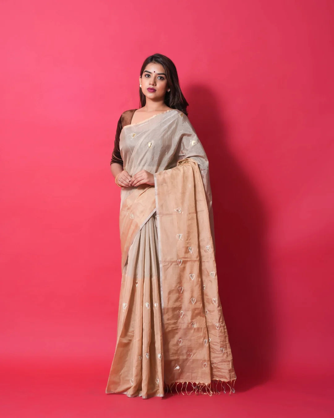 beige and silver tissue silk saree with silver resham hearts