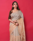 BEIGE AND SILVER TISSUE SILK SAREE  WITH SILVER RESHAM HEARTS