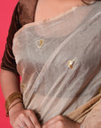 BEIGE AND SILVER TISSUE SILK SAREE  WITH SILVER RESHAM HEARTS