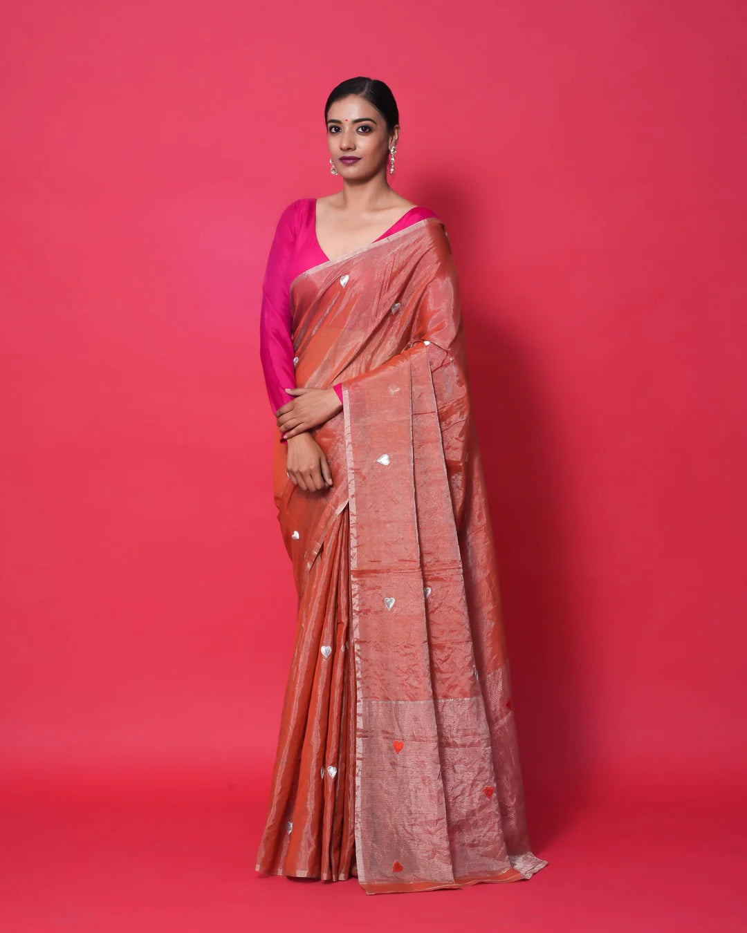 red tissue silk saree with silver resham hearts