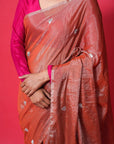 RED TISSUE SILK SAREE WITH SILVER RESHAM HEARTS