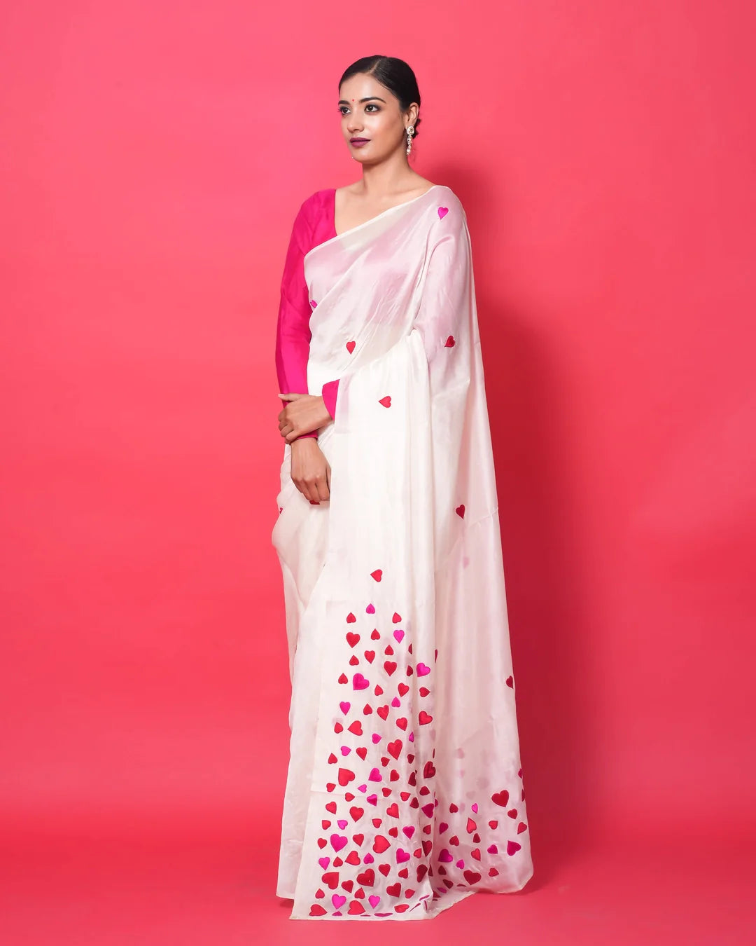 white mulberry silk saree with red and pink resham hearts