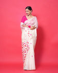 WHITE  MULBERRY SILK SAREE WITH RED AND PINK RESHAM HEARTS