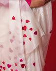 WHITE  MULBERRY SILK SAREE WITH RED AND PINK RESHAM HEARTS