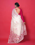 WHITE  MULBERRY SILK SAREE WITH RED AND PINK RESHAM HEARTS