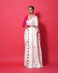 WHITE MULBERRY SILK SAREE WITH RED RESHAM HEARTS