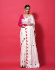 WHITE MULBERRY SILK SAREE WITH RED RESHAM HEARTS