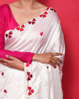 WHITE MULBERRY SILK SAREE WITH RED RESHAM HEARTS