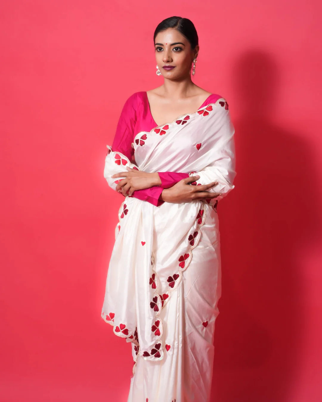 white mulberry silk saree with red resham hearts