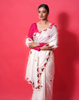 white mulberry silk saree with red resham hearts