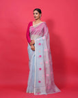 blue organza silk saree with pink resham roses