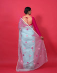 BLUE  ORGANZA SILK SAREE WITH PINK RESHAM ROSES