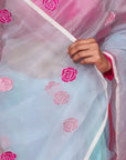 BLUE  ORGANZA SILK SAREE WITH PINK RESHAM ROSES