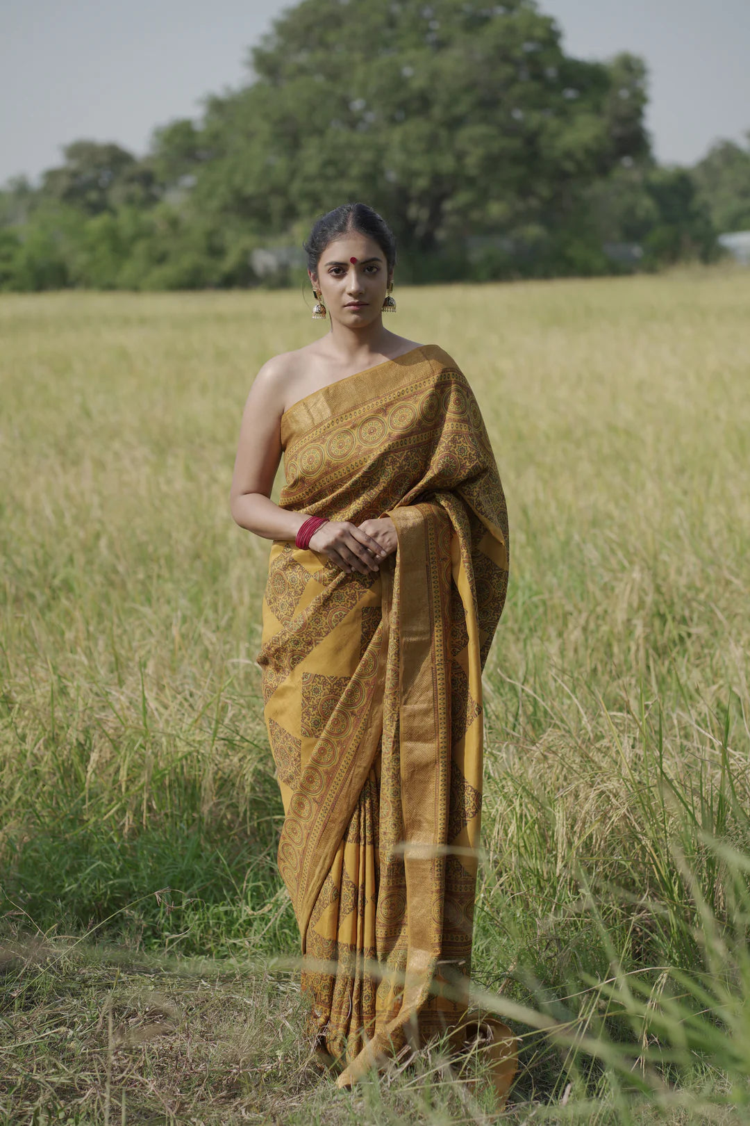 mustard yellow handblock print saree in mulberry silk