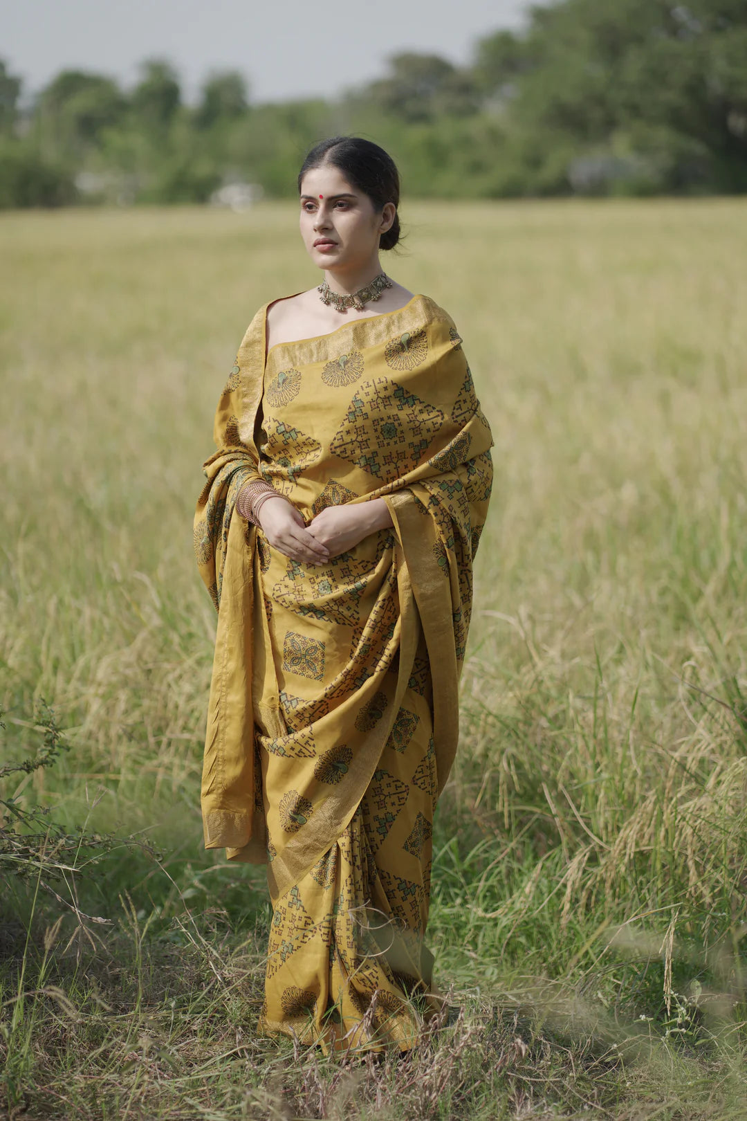 yellow handblock print saree in mulberry silk