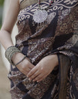 BLACK HANDBLOCK PRINT SAREE IN MULBERRY SILK